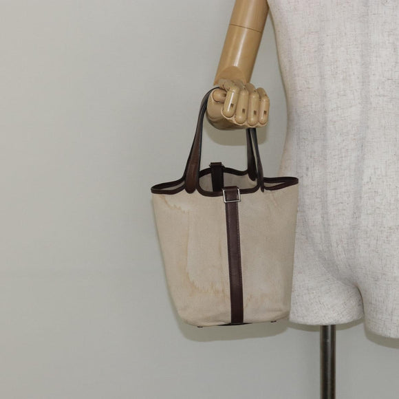 HERMES Toile H Picotin PM Bag Canvas Leather Beige Brown Silver Auth bs29741
