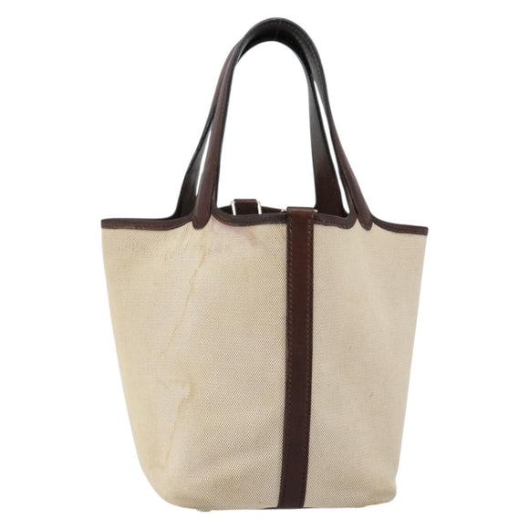 HERMES Toile H Picotin PM Bag Canvas Leather Beige Brown Silver Auth bs29741