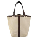 HERMES Toile H Picotin PM Bag Canvas Leather Beige Brown Silver Auth bs29741-13