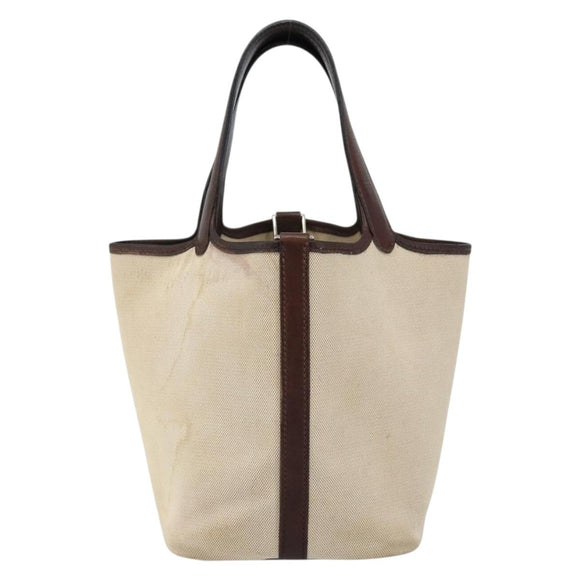 HERMES Toile H Picotin PM Bag Canvas Leather Beige Brown Silver Auth bs29741