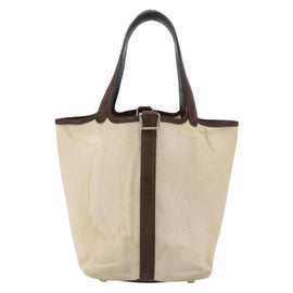 HERMES Toile H Picotin PM Bag Canvas Leather Beige Brown Silver Auth bs29741 - 0