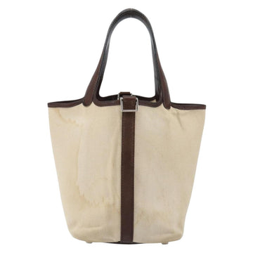 HERMES Toile H Picotin PM Bag Canvas Leather Beige Brown Silver Auth bs29741 - 0