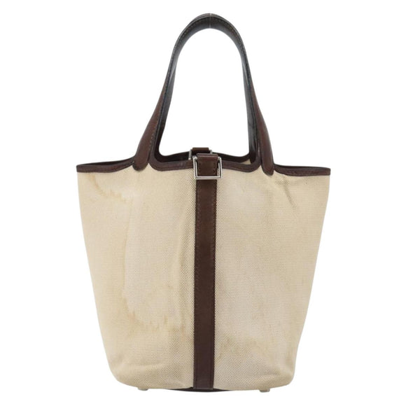 HERMES Toile H Picotin PM Bag Canvas Leather Beige Brown Silver Auth bs29741
