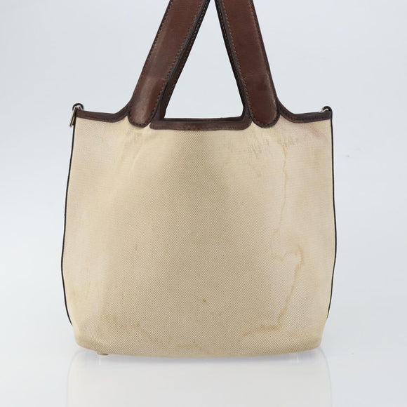 HERMES Toile H Picotin PM Bag Canvas Leather Beige Brown Silver Auth bs29741