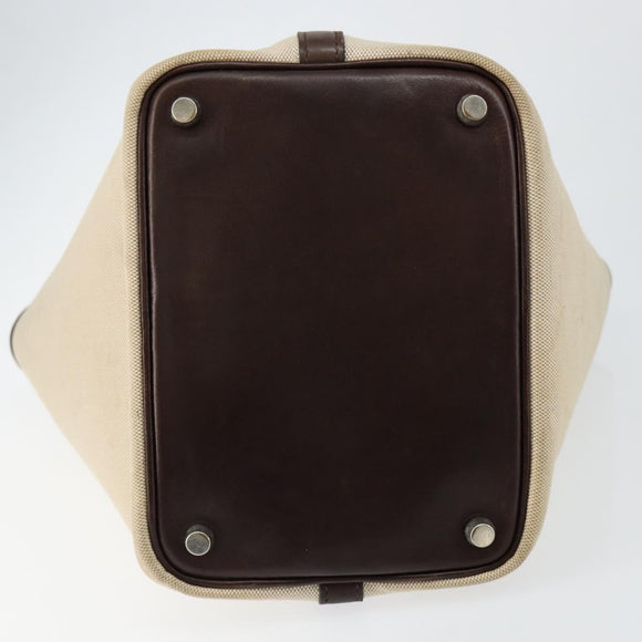 HERMES Toile H Picotin PM Bag Canvas Leather Beige Brown Silver Auth bs29741