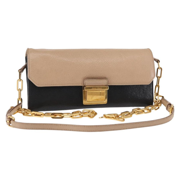 Miu Miu Chain Wallet Leather Beige Black gold Auth bs29776