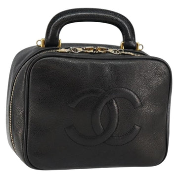 CHANEL COCO Mark Vanity Pouch Caviar Skin Black Gold CC Auth bs29781