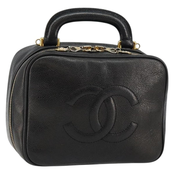 CHANEL COCO Mark Vanity Pouch Caviar Skin Black Gold CC Auth bs29781