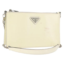 PRADA Chain Shoulder Bag Safiano leather White Silver Auth bs29803