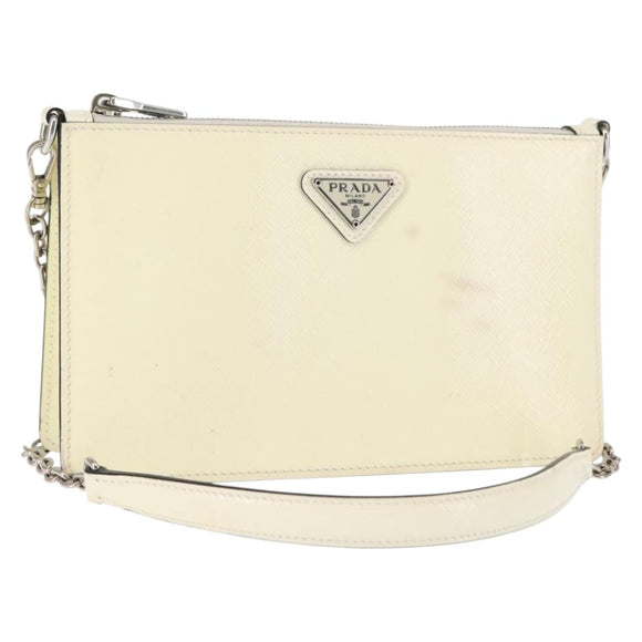 PRADA Schoudertas met kettingband Saffiano leer Wit Zilver Auth bs29803