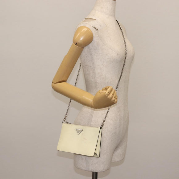 PRADA Schoudertas met kettingband Saffiano leer Wit Zilver Auth bs29803