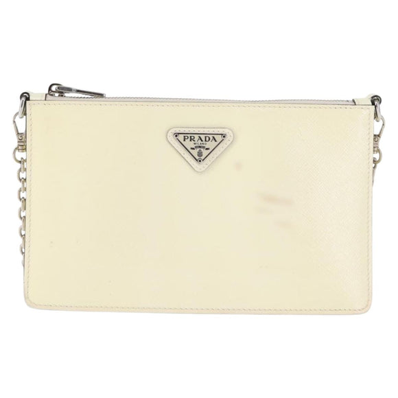 PRADA Schoudertas met kettingband Saffiano leer Wit Zilver Auth bs29803