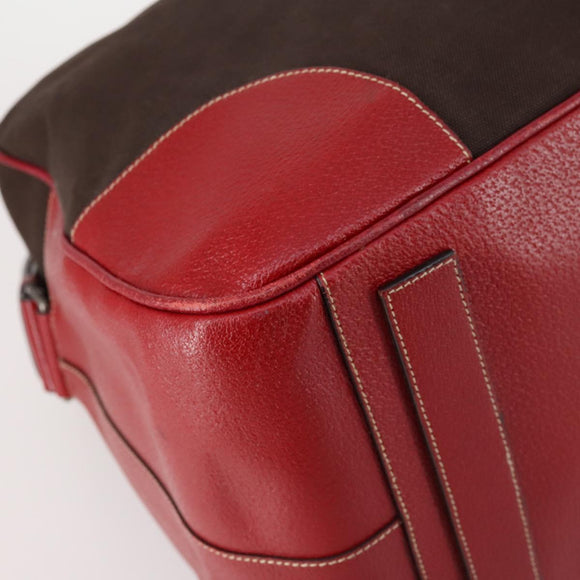 PRADA Boston Bag Canvas Leather Brown Red Silver Auth bs29804