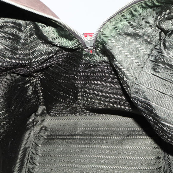 PRADA Boston Bag Canvas Leather Brown Red Silver Auth bs29804