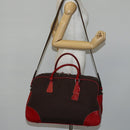 PRADA Boston Bag Canvas Leather Brown Red Silver Auth bs29804-26