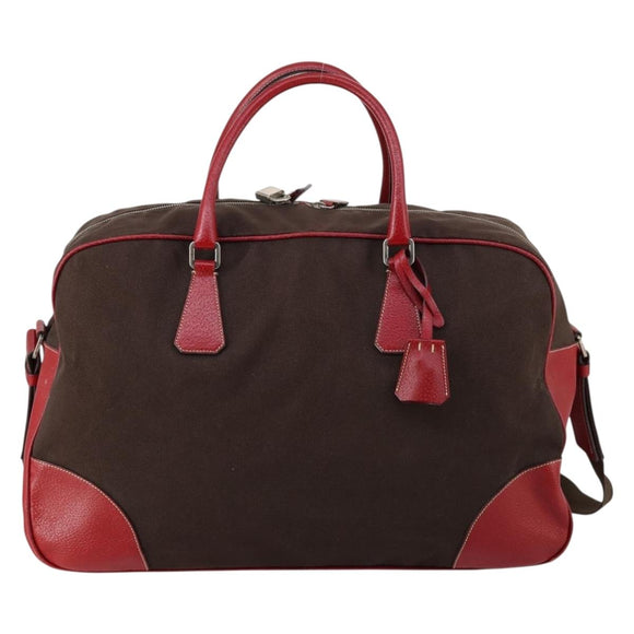 PRADA Boston Bag Canvas Leather Brown Red Silver Auth bs29804