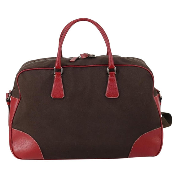 PRADA Boston Bag Canvas Leather Brown Red Silver Auth bs29804