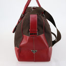 PRADA Boston Bag Canvas Leather Brown Red Silver Auth bs29804-3