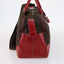 PRADA Boston Bag Canvas Leather Brown Red Silver Auth bs29804-4