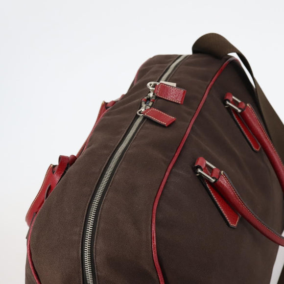 PRADA Boston Bag Canvas Leather Brown Red Silver Auth bs29804