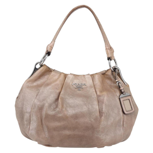 PRADA Shoulder Bag Leather Beige Silver Auth bs29809