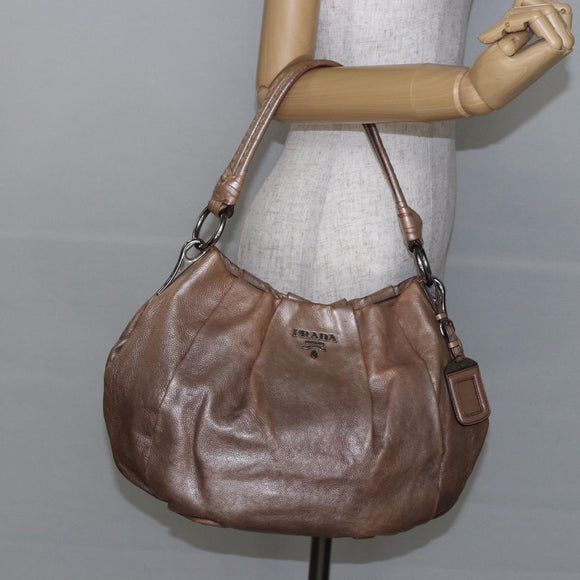 PRADA Shoulder Bag Leather Beige Silver Auth bs29809