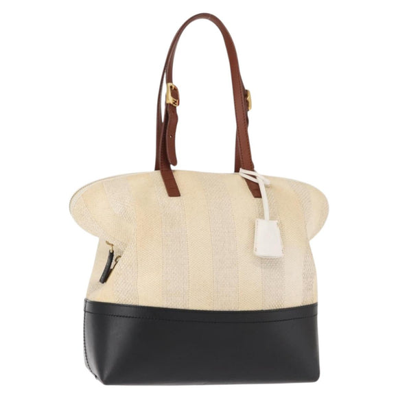 FENDI Pecan Canvas Tote Bag Canvas Leer Beige Zwart goud Auth bs29810