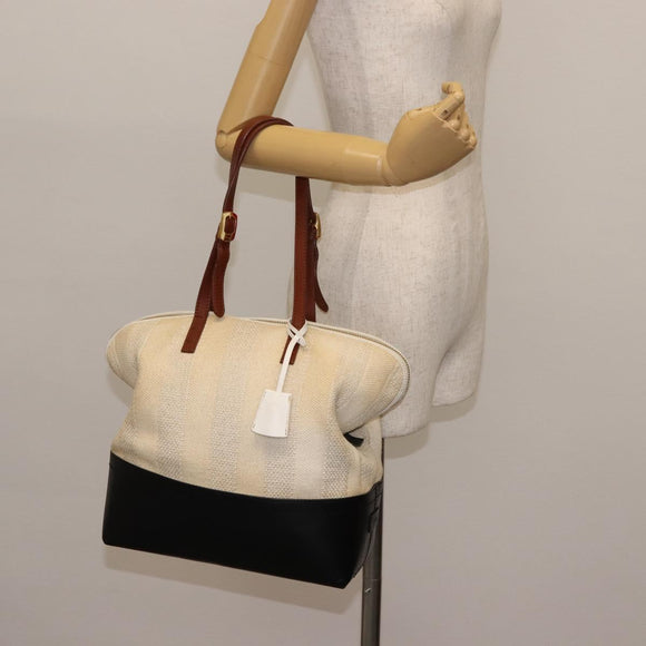 FENDI Pecan Canvas Tote Bag Canvas Leer Beige Zwart goud Auth bs29810