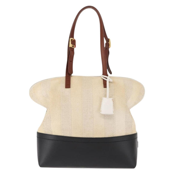 FENDI Pecan Canvas Tote Bag Canvas Leer Beige Zwart goud Auth bs29810