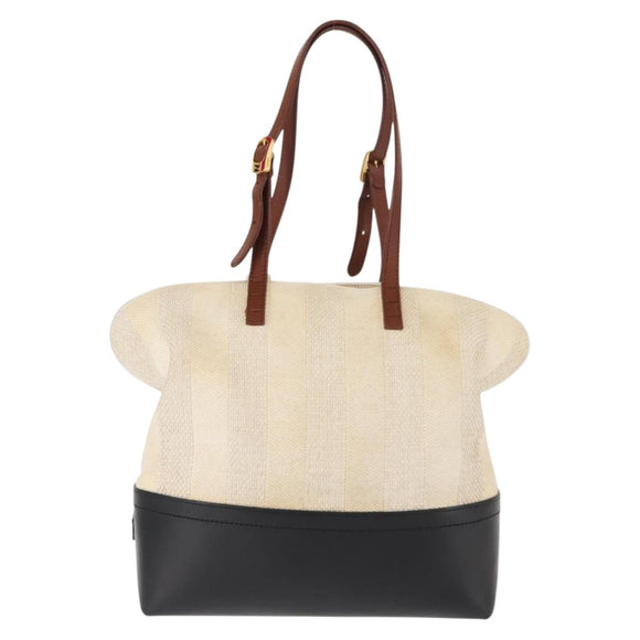 FENDI Pecan Canvas Tote Bag Canvas Leer Beige Zwart goud Auth bs29810