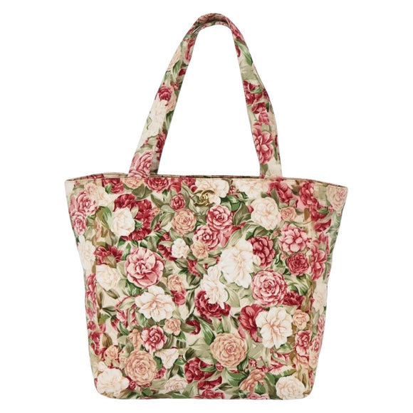 CHANEL Flower Pattern Tote Bag Canvas Cream Red gold CC Auth bs29833