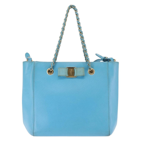 Salvatore Ferragamo Vala Chain Bag Leather 2way Light Blue Gold Auth bs29835