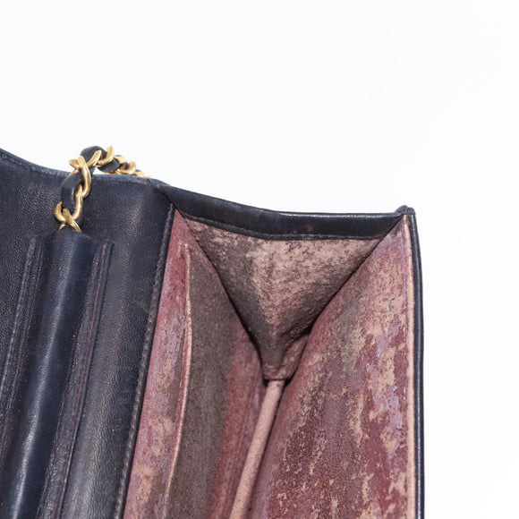 CHANEL Matelasse Chain Shoulder Bag Lamb Skin Navy Gold CC Auth bs29839