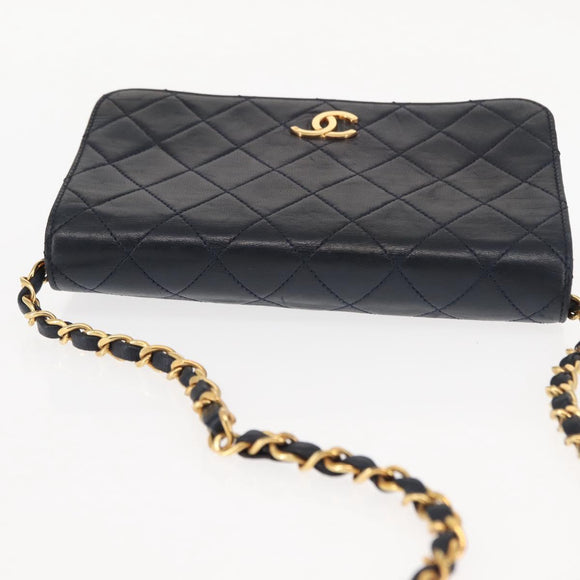 CHANEL Matelasse Chain Shoulder Bag Lamb Skin Navy Gold CC Auth bs29839