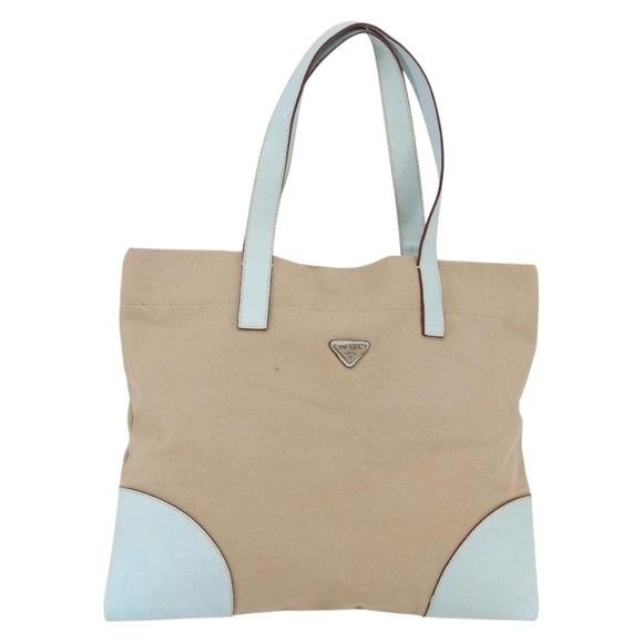 PRADA Tote Bag Canvas Leather Beige Light Blue Auth bs29840