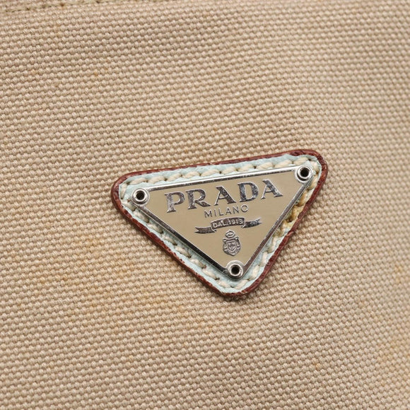 PRADA Tote Bag Canvas Leather Beige Light Blue Auth bs29840