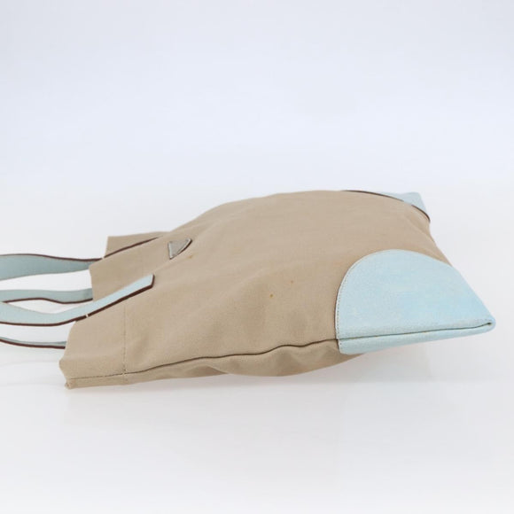 PRADA Tote Bag Canvas Leather Beige Light Blue Auth bs29840