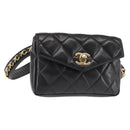CHANEL Matelasse Waist Bag Lamb Skin Black Gold CC Auth bs29844-1