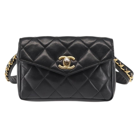 CHANEL Matelasse Waist Bag Lamb Skin Black Gold CC Auth bs29844