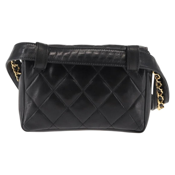 CHANEL Matelasse Waist Bag Lamb Skin Black Gold CC Auth bs29844