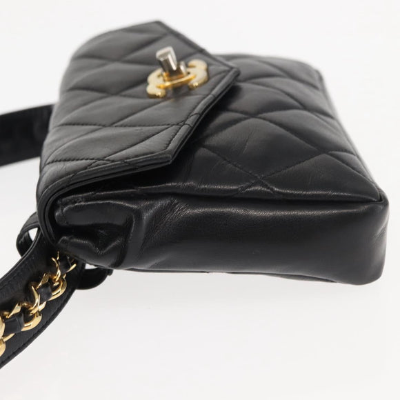 CHANEL Matelasse Waist Bag Lamb Skin Black Gold CC Auth bs29844