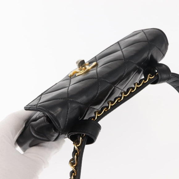 CHANEL Matelasse Waist Bag Lamb Skin Black Gold CC Auth bs29844