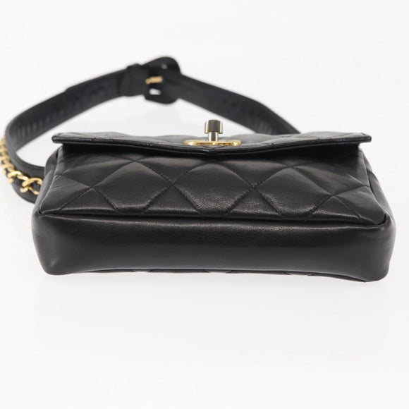 CHANEL Matelasse Waist Bag Lamb Skin Black Gold CC Auth bs29844