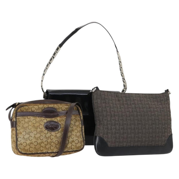 CELINE C Macadam Canvas Shoulder Bag Enamel 3 Set Brown Black beige Auth bs29851