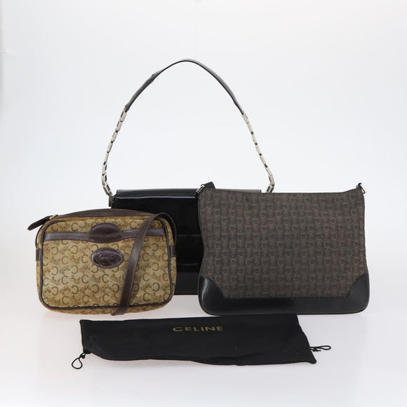 CELINE C Macadam Canvas Shoulder Bag Enamel 3 Set Brown Black beige Auth bs29851