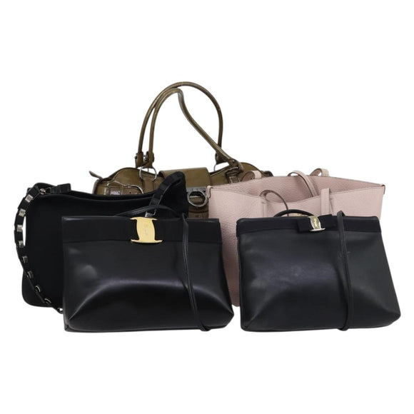 Salvatore Ferragamo Bag Enamel Leather Nylon 5 Set Black Khaki pink Auth bs29853