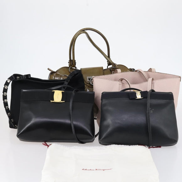 Salvatore Ferragamo Bag Enamel Leather Nylon 5 Set Black Khaki pink Auth bs29853