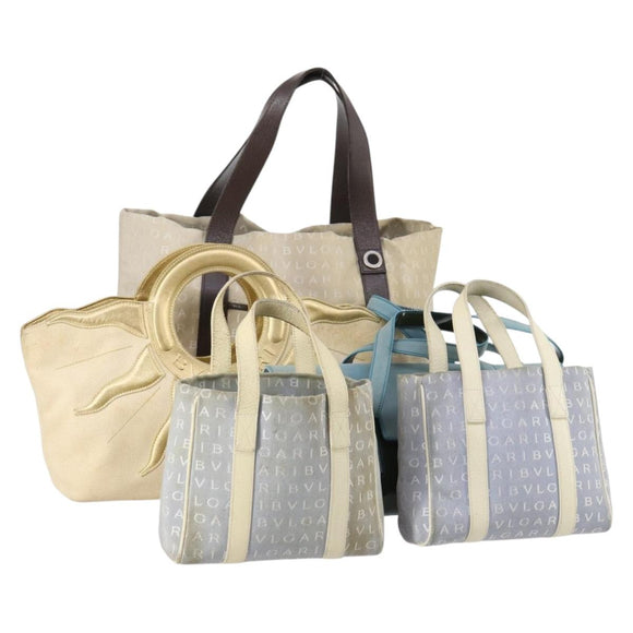 BVLGARI Hand Bag Canvas Enamel 5 Set Green Beige gold Auth bs29854