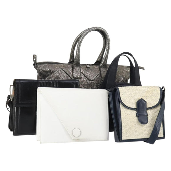 SAINT LAURENT Hand Bag Leather nylon 5 Set Silver Black Ivory Auth bs29856