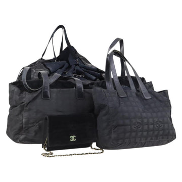 CHANEL Hand Bag Leather Nylon 5 Set Black Navy CC Auth bs29857